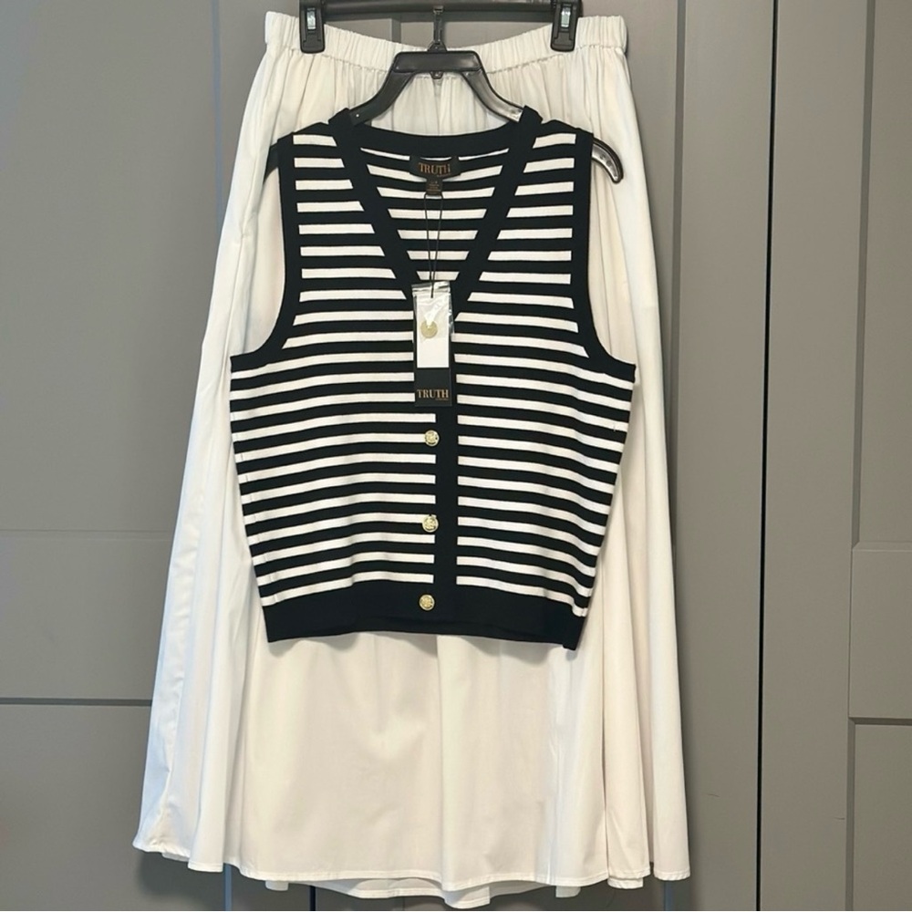 Truth By Republic Maxi Skirt Set Breton Stripe V-neck Sweater Vest Black White L